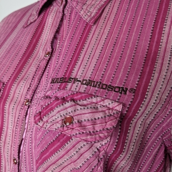 Harley Davidson pink purple striped collared button up shirt L - Picture 3 of 9